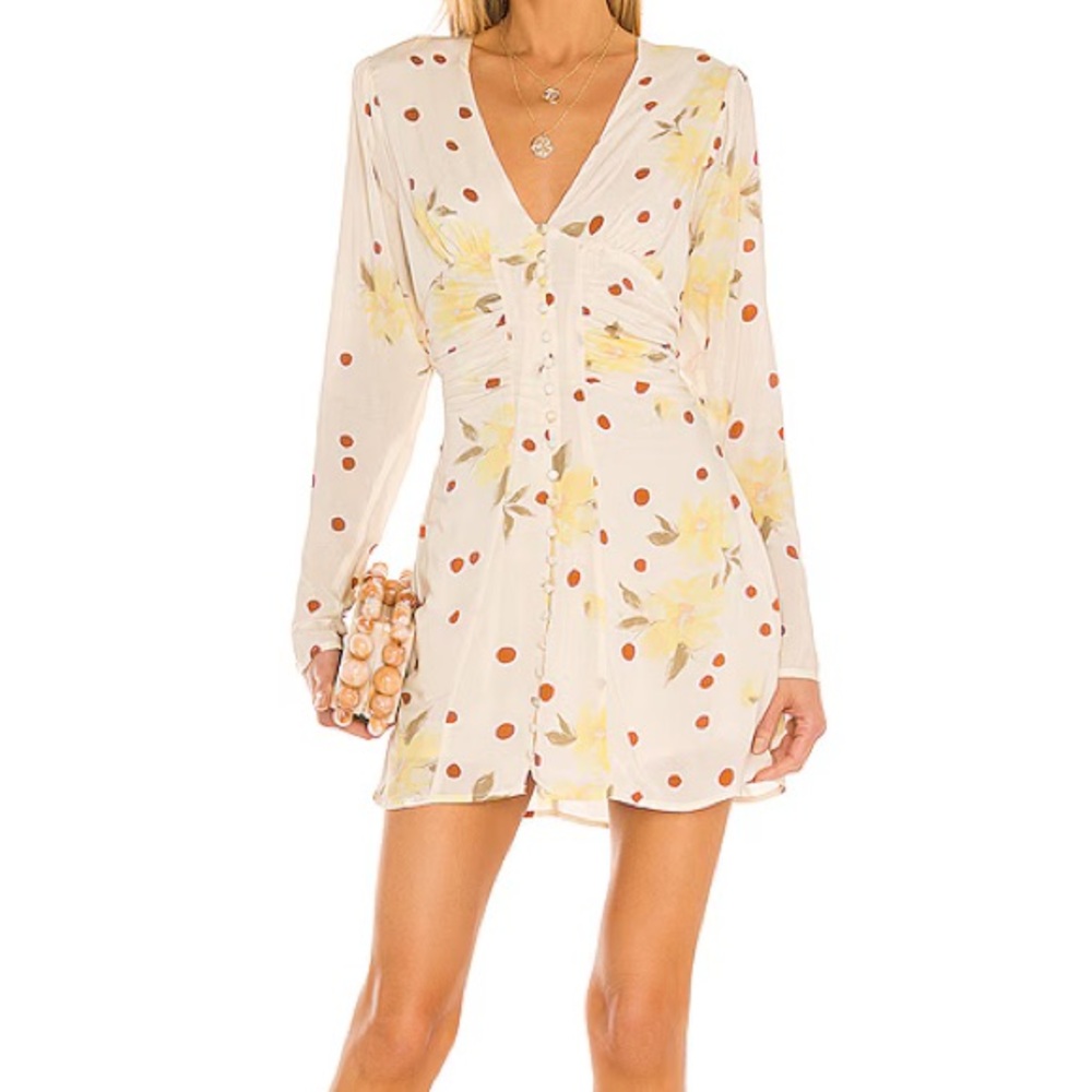 Free People Cream and Yellow Floral Long Sleeve Dress